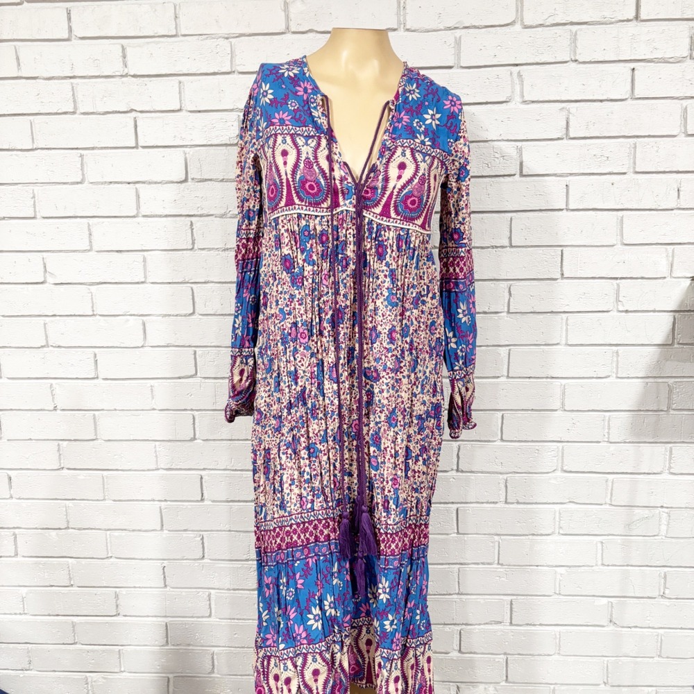 R.Vivimos Blue Floral Paisley Boho Maxi Dress V-Neck Tassel Tie Womens Size XS